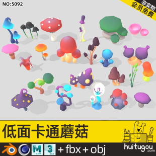 Cartoon Fungus Plant Blender Low Polygon Cute Mushroom Model Cinema 4D FBX MAYA Model