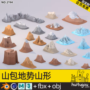 Low Polygon Cartoon Mountains Cinema 4D Model Blender Ground FBX Terrain Module 3D Model obj