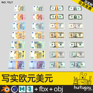 Realistic 3D banknote model Cinema 4D U.S. dollar euro Blender banknote model MAYA project asking price