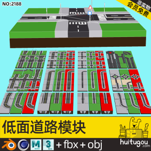 Low Polygon Cartoon Road Module Cinema 4D Cartoon Blend Street Light Road Signboard FBX Tunnel Zebra Crossing 3D Model