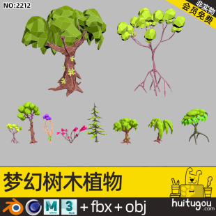 Low-side cartoon fantasy trees Blender plants Cinema 4D pine bush MAYA willow model