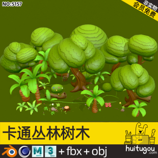 3D Cartoon Forest Blender Palm Tree Cinema 4D Stump Ferns FBX Shrubs Rock Flowers Mushrooms