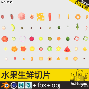 3D Fruit Slice Assets Cinema 4D Salad Blender Sushi FBX Watermelon Lemon Vegetable Salmon Food