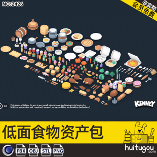 Cinema 4D low-flour food asset pack STL format with PNG ice cream drinks hamburgers fast food bread pizza