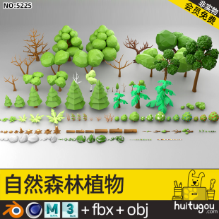 Low-surface forest natural assets package Cartoon plants Spruce flowers mushrooms rock stumps Cinema 4D model