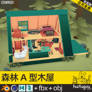 Cartoon Forest Inn Model Cinema 4D Chalet Blend Bath Kitchen Attic Bedroom Stairs Fireplace Living Room