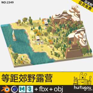 Isometric style natural landscape Cinema 4D camping scene Beautiful summer scenery Mountains and lakes 3D design model