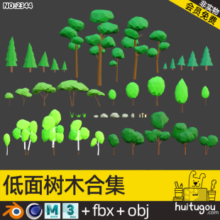 Low-surface wind trees collection Blender cartoon plants grass mushrooms Cinema 4D rock fir trees birch shrubs