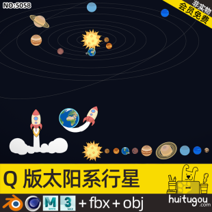 Cartoon Solar System Model Blender Gold, Wood, Water, Fire, Earth Planet Q Version Earth Cinema 4D FBX mb Model