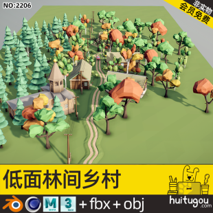 3D rural forest scene Cinema 4D cartoon model Blender wooden house Telephone pole FBX plants trees forest