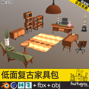 Cartoon classic retro furniture MAYA sofa coffee table Cinema 4D office boss chair table format 3D model