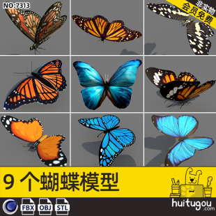 Cinema 4D butterfly 3D model blue spot butterfly monarch butterfly fbx format obj modeling rendering 3D design CG model