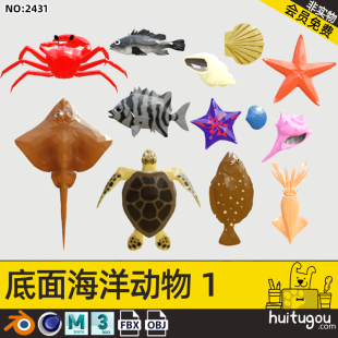 Low-surface marine life 3D model Cinema 4D cartoon turtle turbot squid grouper crab starfish shell