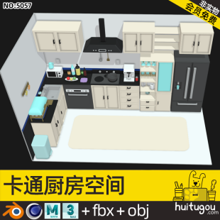 Cartoon kitchen space Blender low polygon cabinet stove Cinema 4D range hood FBX freezer model