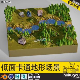 Low Polygon cartoon style 3D scene model Cinema 4D outdoor natural forest creek natural scene Blender model